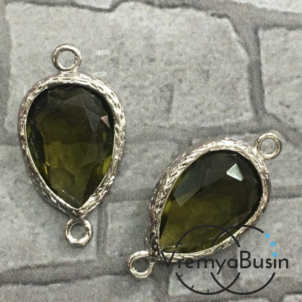 Коннекторы с граненым стеклом, капля 11х16 мм (2 шт.) цв. ОЛИВКОВЫЙ В СЕРЕБРЕ
