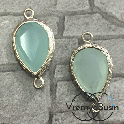 Коннекторы с граненым стеклом, капля 11х16 мм (2 шт.) цв. МЯТНЫЙ МАТОВЫЙ В СЕРЕБРЕ