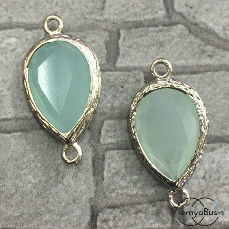 Коннекторы с граненым стеклом, капля 11х16 мм (2 шт.) цв. МЯТНЫЙ МАТОВЫЙ В СЕРЕБРЕ