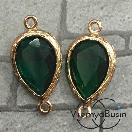 Коннекторы с граненым стеклом, капля 11х16 мм (2 шт.) цв. ИЗУМРУДНЫЙ В ЗОЛОТЕ