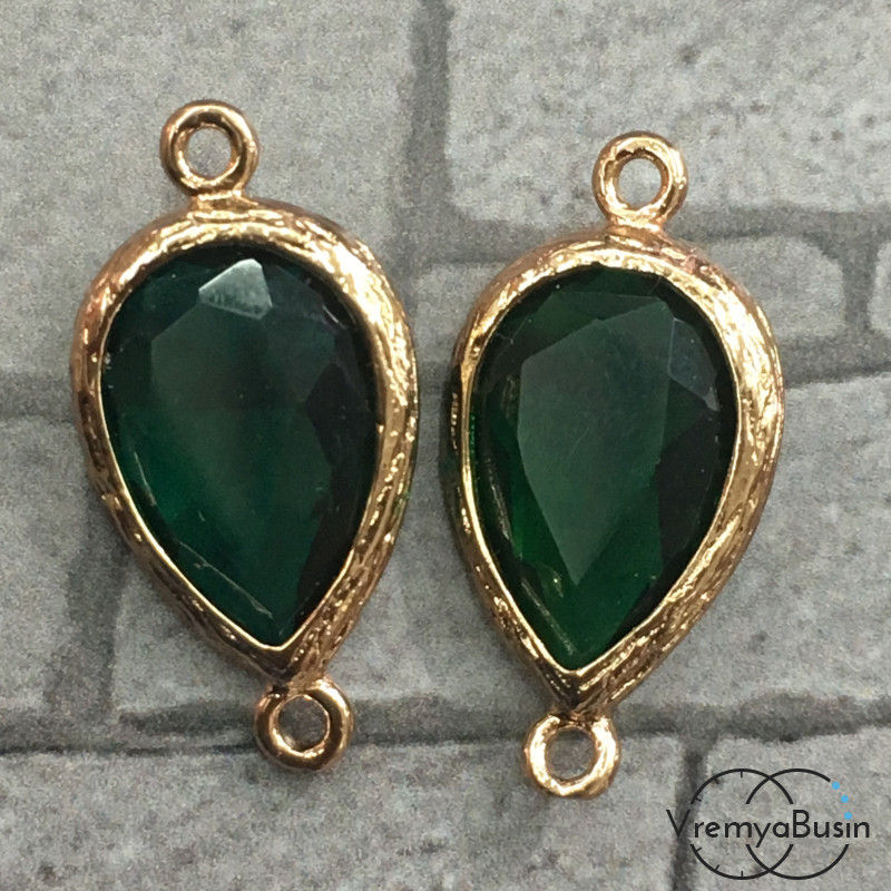 Коннекторы с граненым стеклом, капля 11х16 мм (2 шт.) цв. ИЗУМРУДНЫЙ В ЗОЛОТЕ