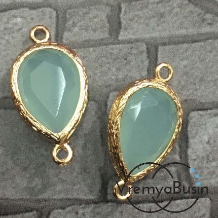 Коннекторы с граненым стеклом, капля 11х16 мм (2 шт.) цв. МЯТНЫЙ МАТОВЫЙ В ЗОЛОТЕ