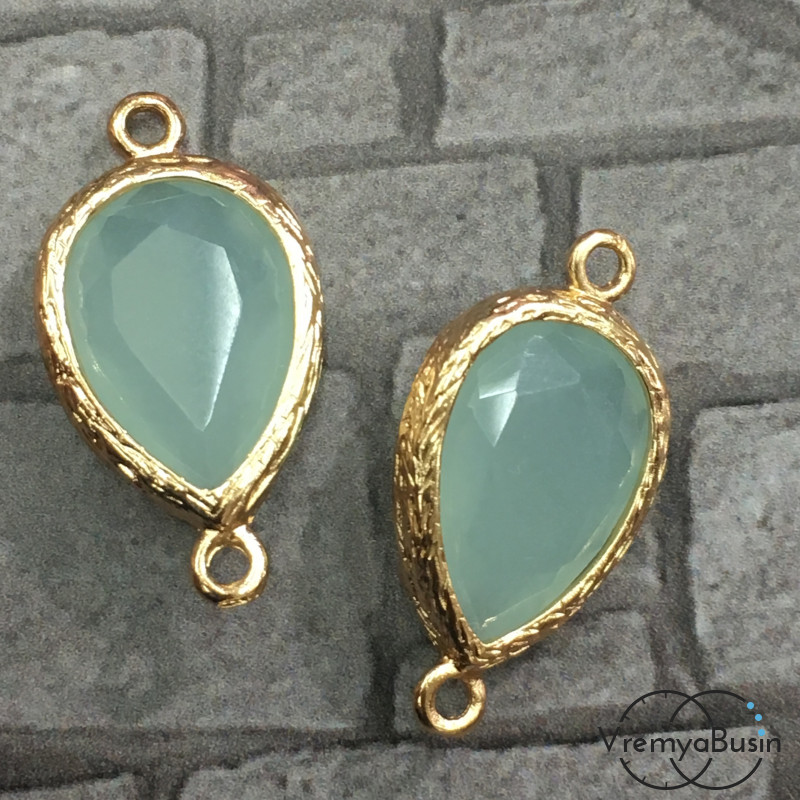 Коннекторы с граненым стеклом, капля 11х16 мм (2 шт.) цв. МЯТНЫЙ МАТОВЫЙ В ЗОЛОТЕ
