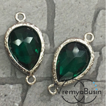 Коннекторы с граненым стеклом, капля 11х16 мм (2 шт.) цв. ИЗУМРУДНЫЙ В СЕРЕБРЕ