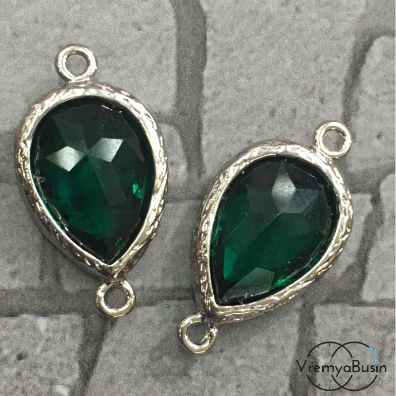 Коннекторы с граненым стеклом, капля 11х16 мм (2 шт.) цв. ИЗУМРУДНЫЙ В СЕРЕБРЕ