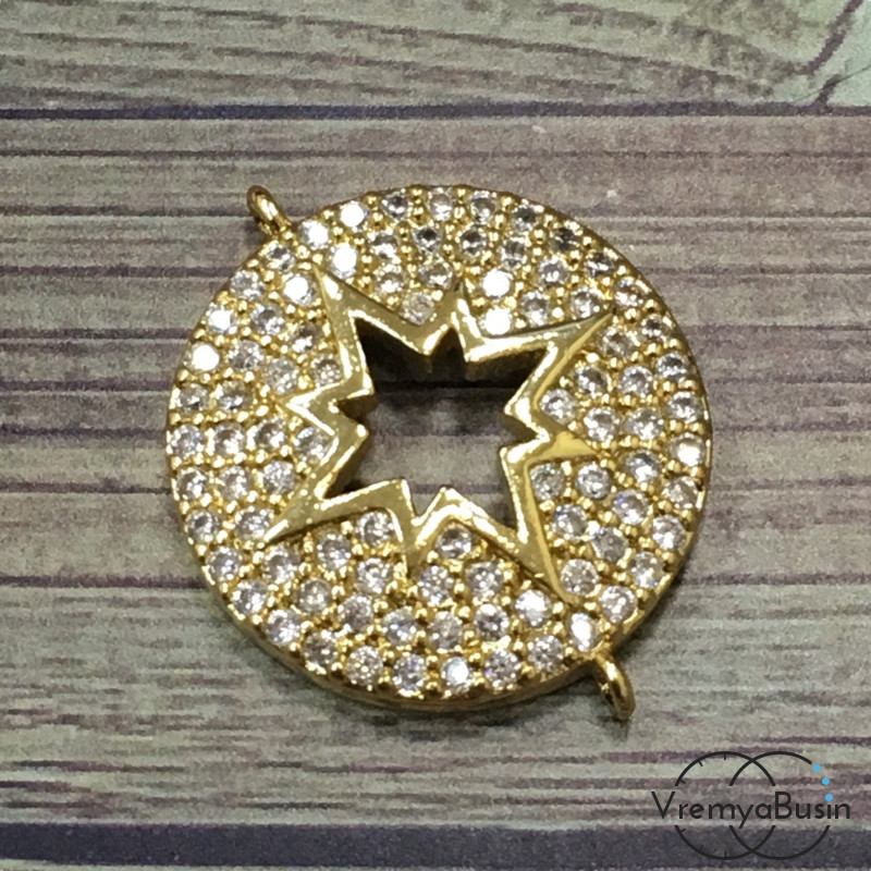 Коннектор с фианитами "Медальон со звездой", латунь с позолотой (1 шт.)