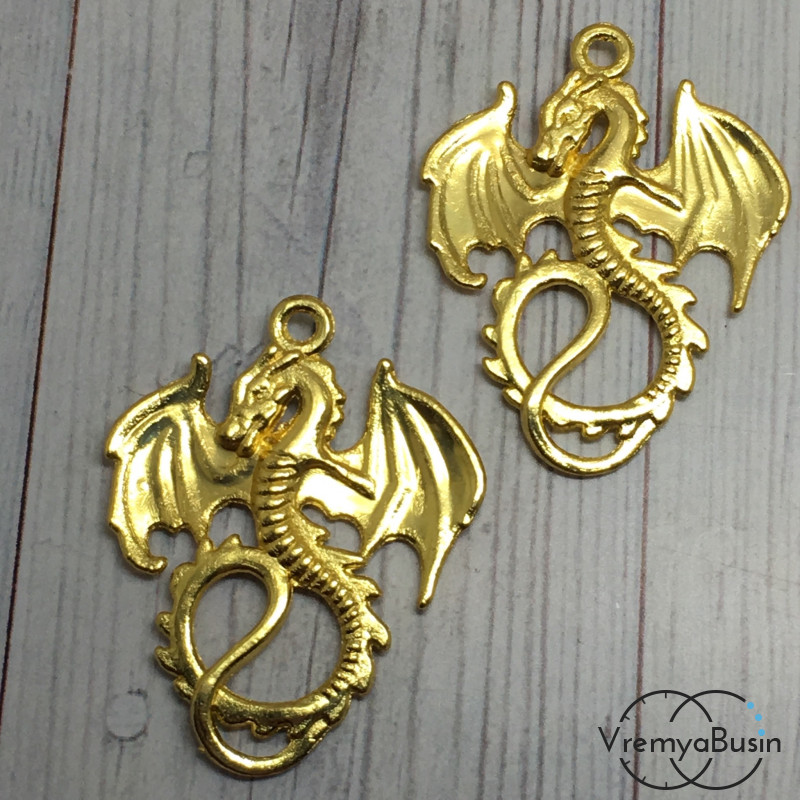 Дракон. Подвеска металлическая, 27х34 мм цв. золото  (1 шт.)