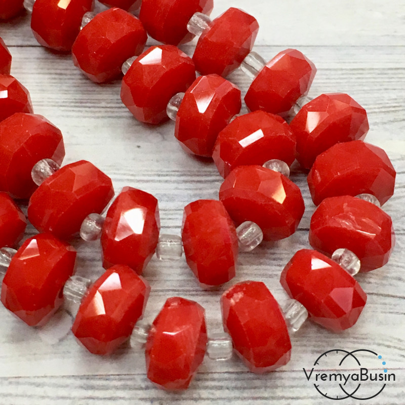 Бусины шайбы из граненого стекла, 6х9 мм цв. красный матовый  (1/2 нити, ок. 40 шт.)