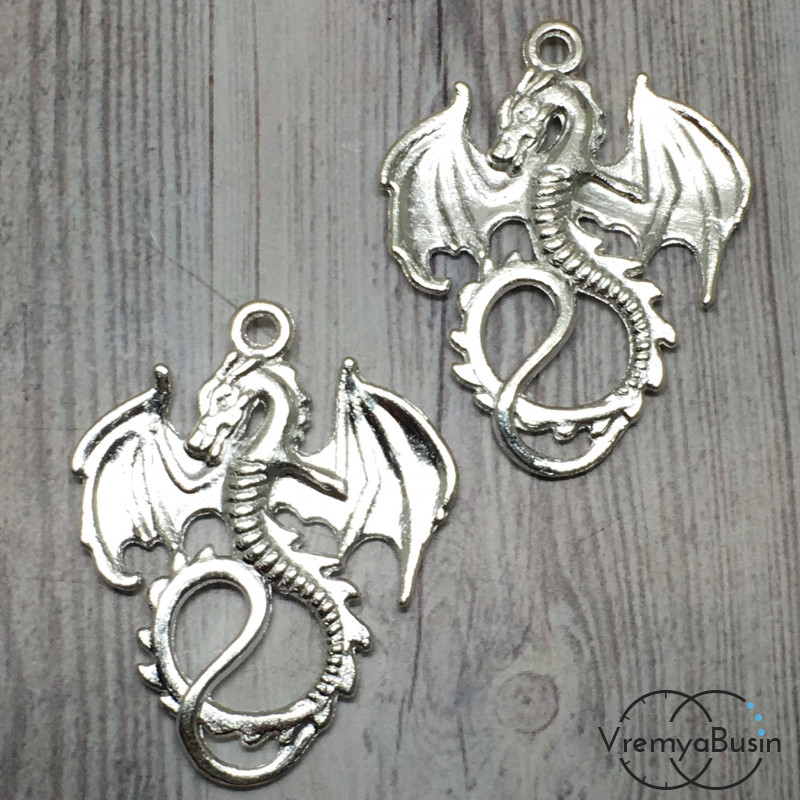 Дракон. Подвеска металлическая, 27х34 мм цв. светлое серебро (1 шт.)