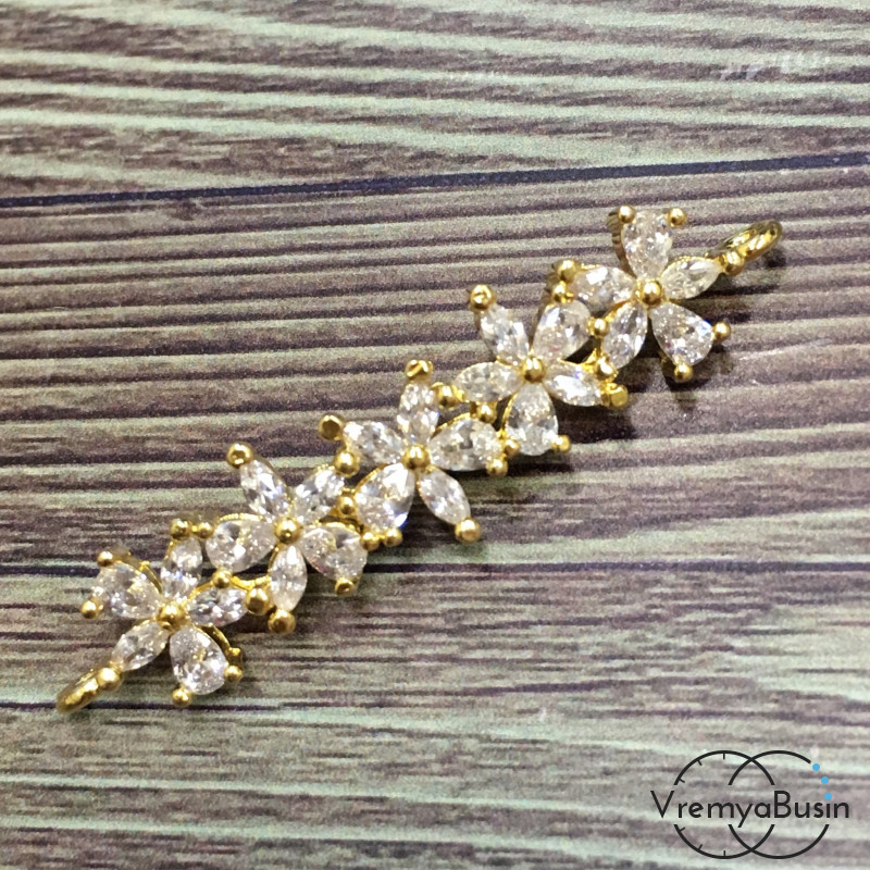 Коннектор с фианитами, 8х35 мм, латунь с позолотой (1 шт.)