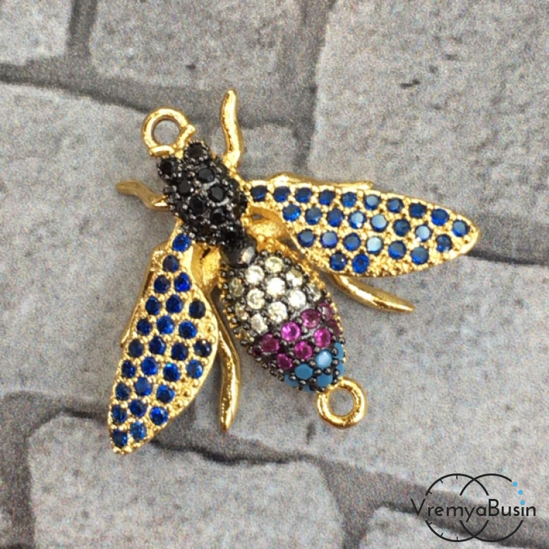 Коннектор с цветными фианитами "Насекомое", латунь с позолотой (1 шт.)
