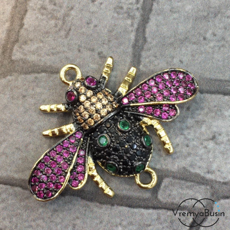 Коннектор с цветными фианитами "Насекомое", латунь с позолотой (1 шт.)