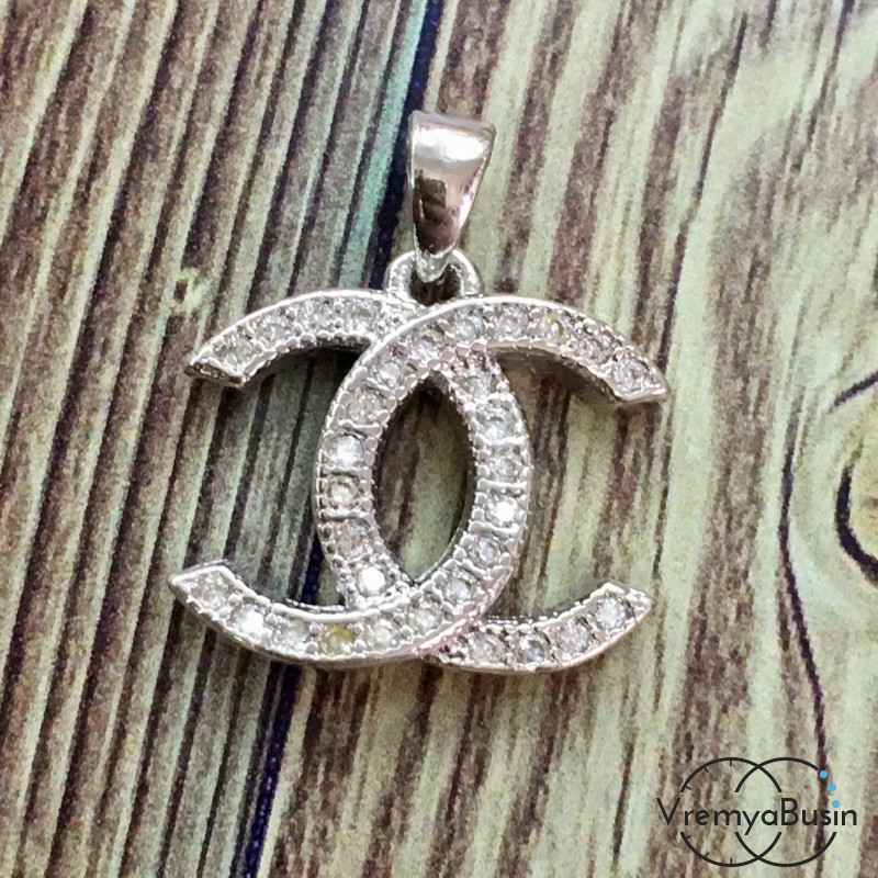 Подвеска с фианитами "Шанель", латунь с родиевым покрытием (1 шт.)