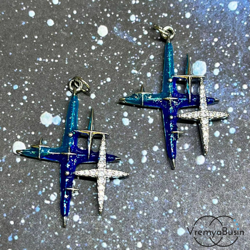 Подвеска из латуни "Звезды", 26х35 мм, с родиевым покрытием, эмалью и  цветными фианитами (1 шт.)