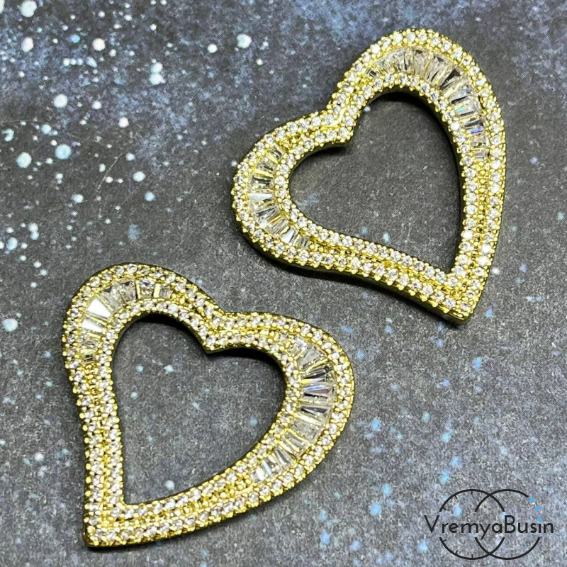 Подвеска "Сердце", 28 мм, из латуни с позолотой и фианитами (1 шт.)