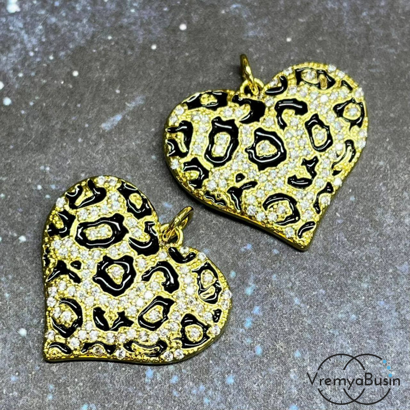 Подвеска из латуни "Сердце", 21х24 мм, с позолотой и фианитами (1 шт.)