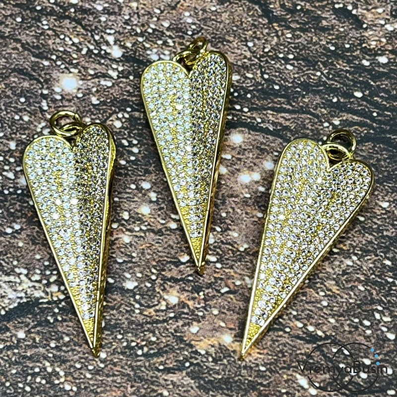 Подвеска "Сердце", 14х36 мм, из латуни с позолотой и фианитами (1 шт.)