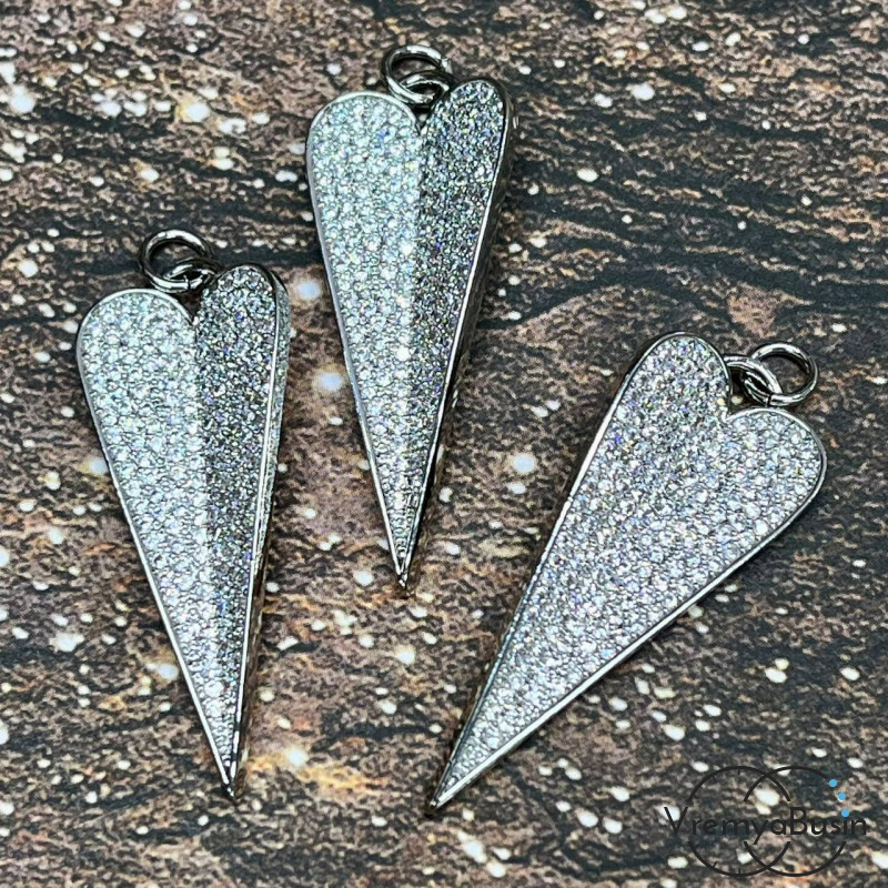 Подвеска "Сердце", 14х36 мм, из латуни с родиевым покрытием и фианитами (1 шт.)