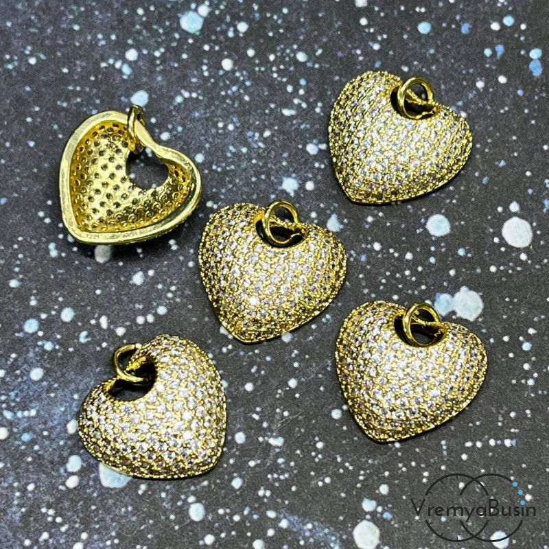 Подвеска "Сердце", 15 мм, из латуни с позолотой и фианитами (1 шт.)