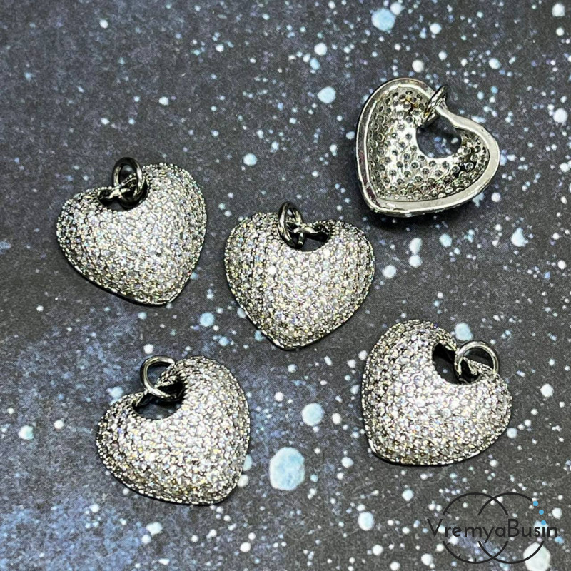 Подвеска "Сердце", 15 мм, из латуни с родиевым покрытием и фианитами (1 шт.)