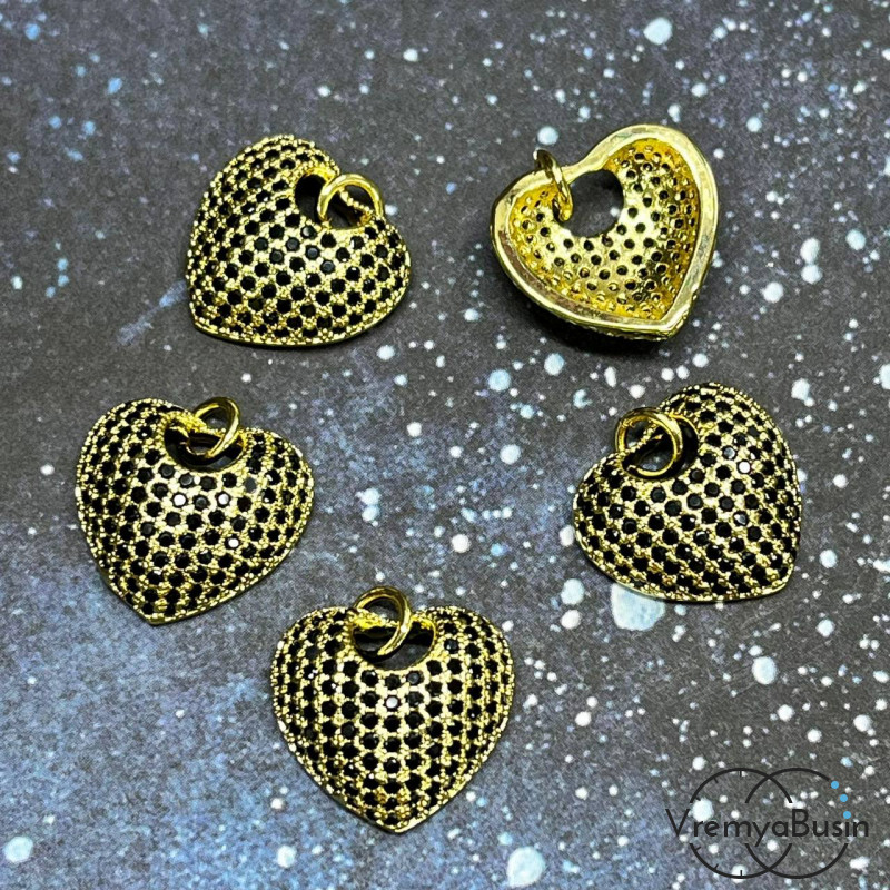 Подвеска "Сердце", 15 мм, из латуни с позолотой и цветными фианитами (1 шт.)