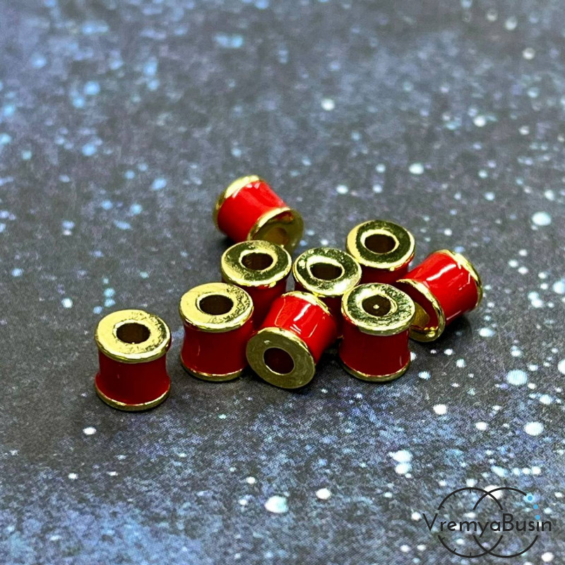 Бусины разделители с эмалью, трубочки 5х6 мм, позолота, цв. красный (упак. 2 шт.)