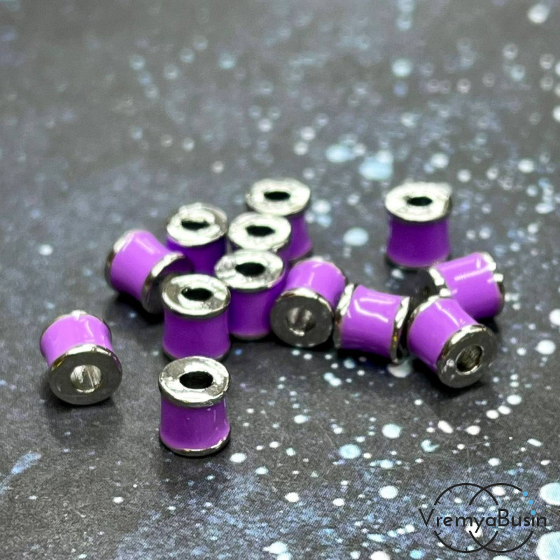 Бусины разделители с эмалью, трубочки 5х6 мм, родий, цв. сиреневый (упак. 2 шт.)
