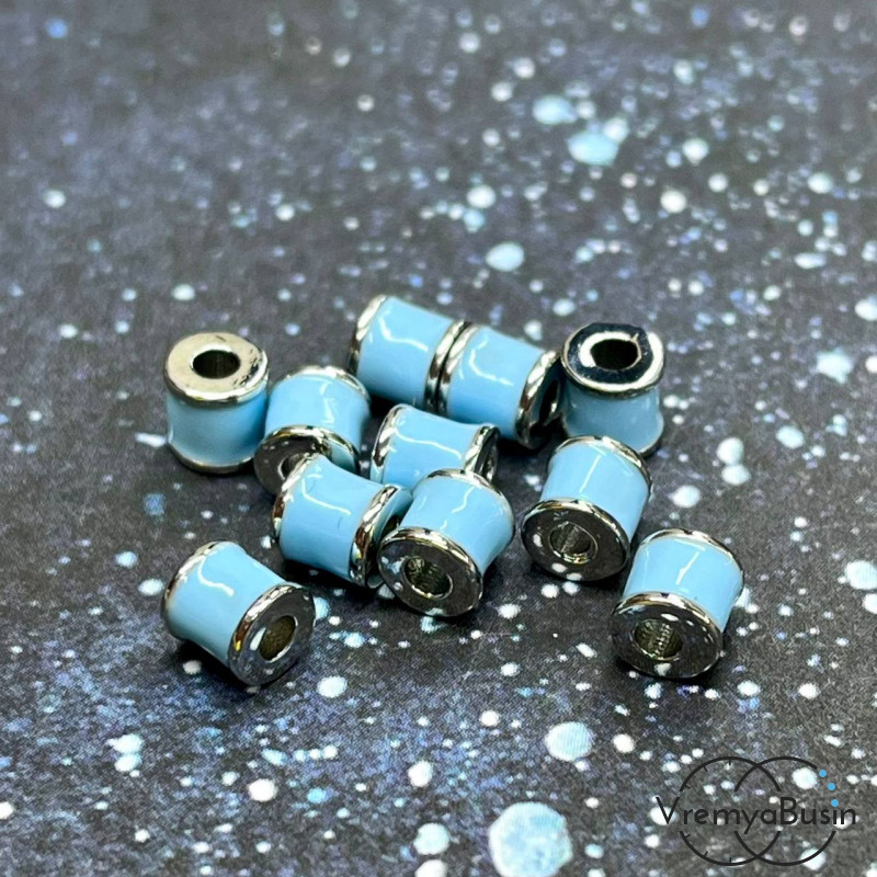 Бусины разделители с эмалью, трубочки 5х6 мм, родий, цв. голубой (упак. 2 шт.)