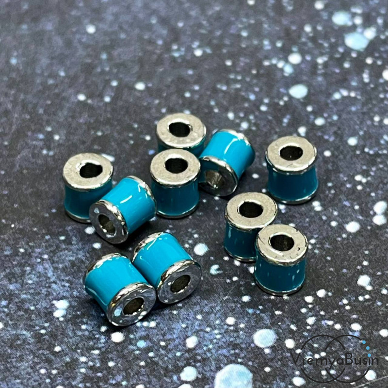Бусины разделители с эмалью, трубочки 5х6 мм, родий, цв. бирюзовый  (упак. 2 шт.)