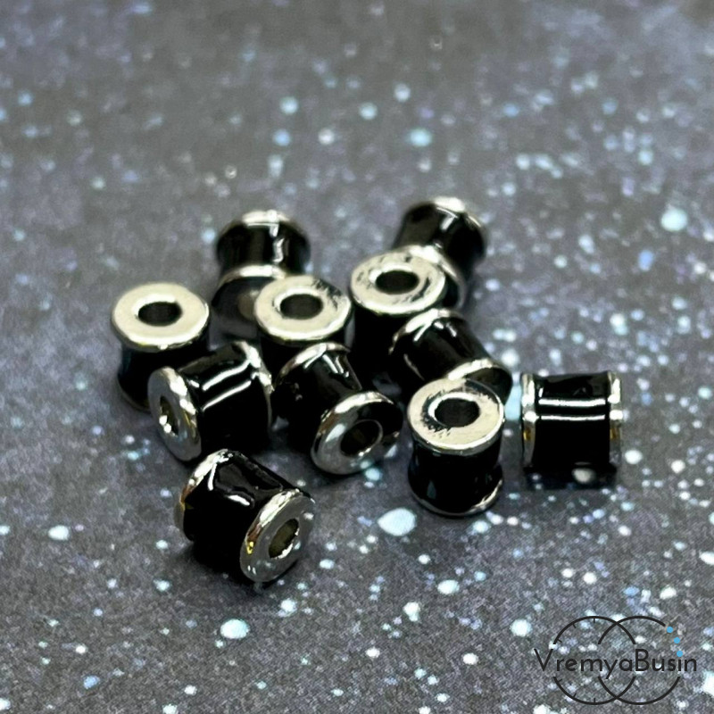 Бусины разделители с эмалью, трубочки 5х6 мм, родий, цв. черный (упак. 2 шт.)