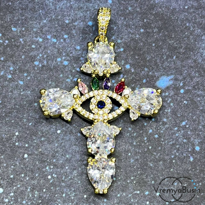 Подвеска "Крест с глазом", 50х32 мм, из латуни с позолотой и фианитами (1 шт.)