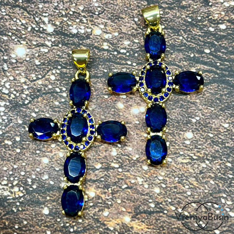 Подвеска "Крест", 22х35 мм, из латуни с позолотой и фианитами (1 шт.)