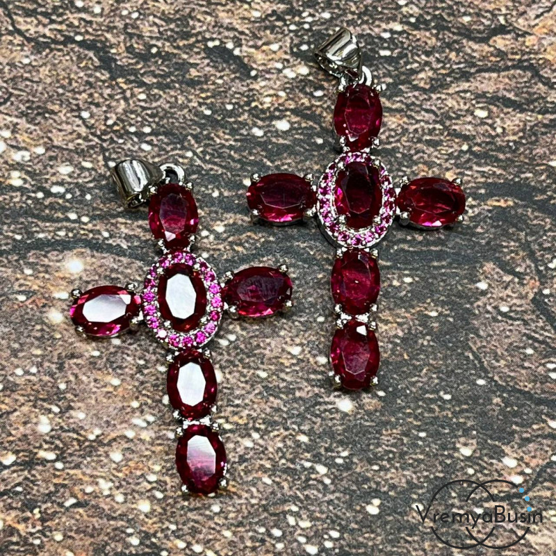 Подвеска "Крест", 22х35 мм, из латуни с родиевым покрытием и фианитами (1 шт.)