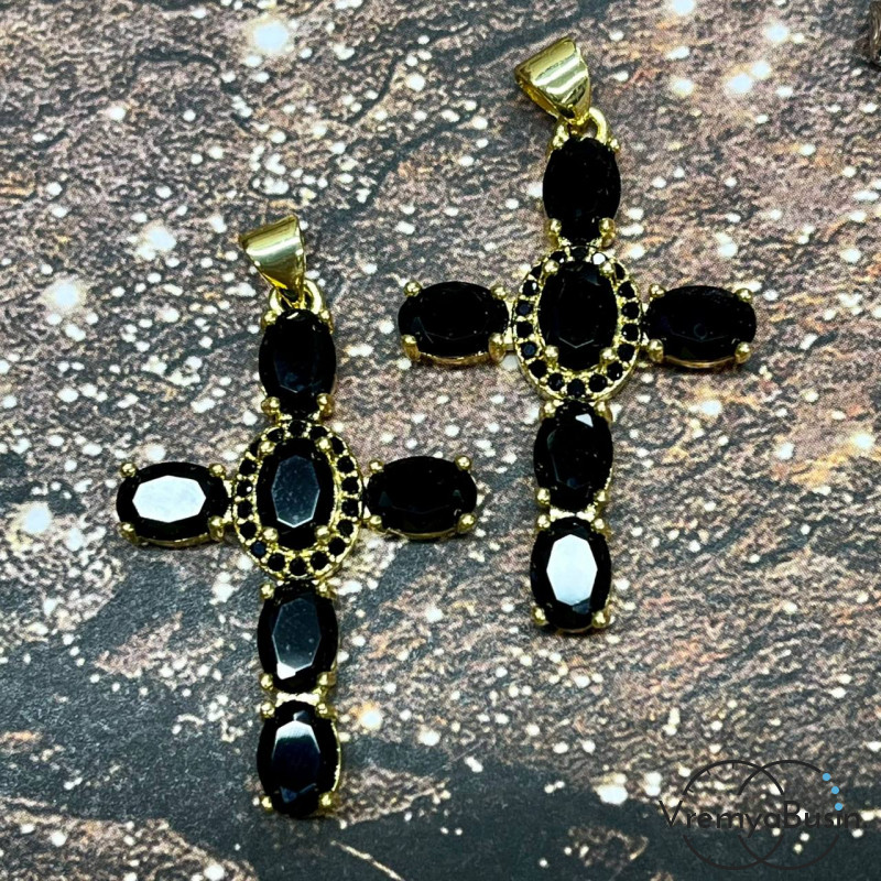 Подвеска "Крест", 22х35 мм, из латуни с позолотой и фианитами (1 шт.)