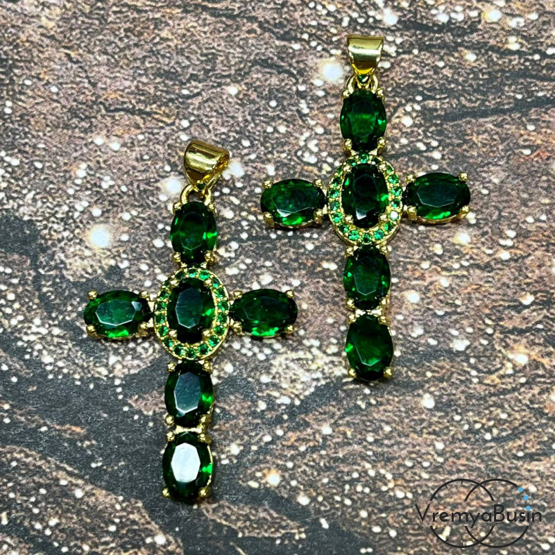 Подвеска "Крест", 22х35 мм, из латуни с позолотой и фианитами (1 шт.)