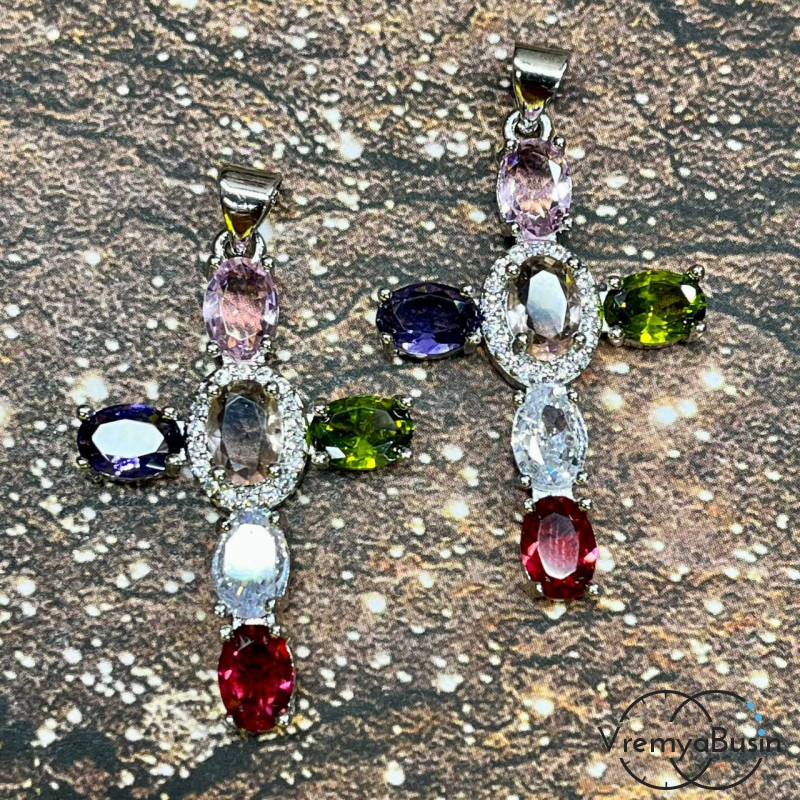 Подвеска "Крест", 22х35 мм, из латуни с позолотой и фианитами (1 шт.)