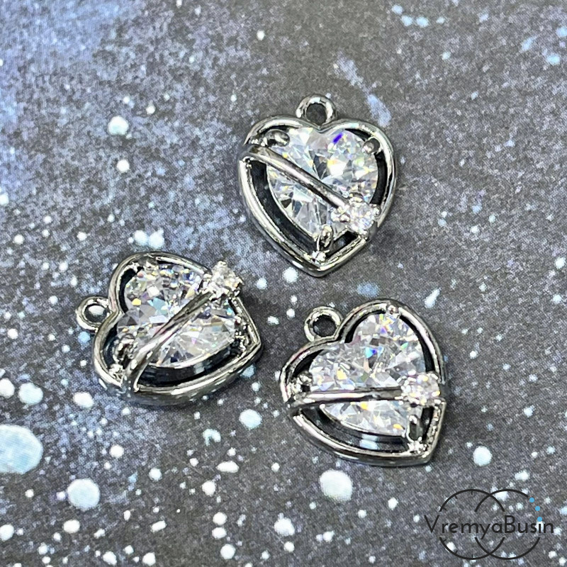 Подвеска «Сердце», 13х11 мм, из латуни с родиевым покрытием и фианитами (1 шт.)