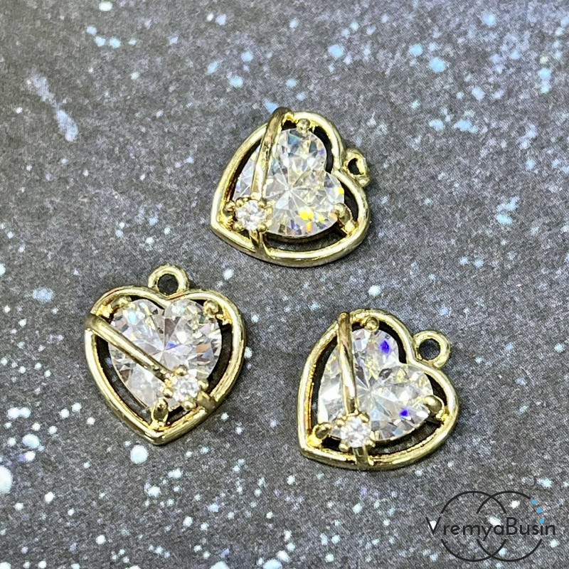 Подвеска «Сердце», 13х11 мм, из латуни с позолотой и фианитами (1 шт.)