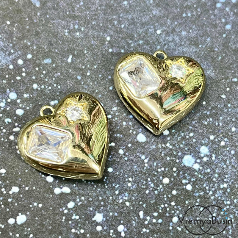 Подвеска «Сердце», 18 мм, из латуни с позолотой и фианитами (1 шт.)