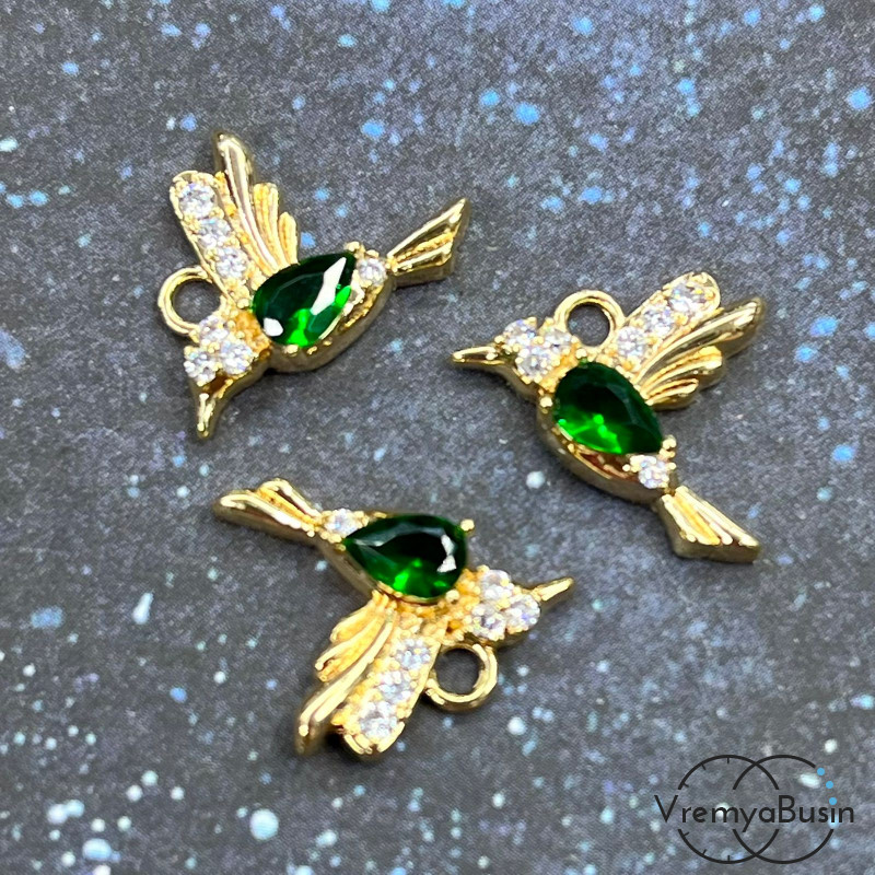 Подвеска из латуни «Колибри», 15х16 мм,  с позолотой и фианитами (1 шт.)