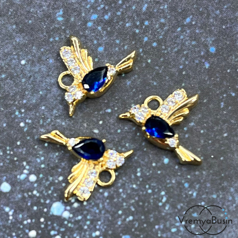 Подвеска из латуни «Колибри», 15х16 мм,  с позолотой и фианитами (1 шт.)
