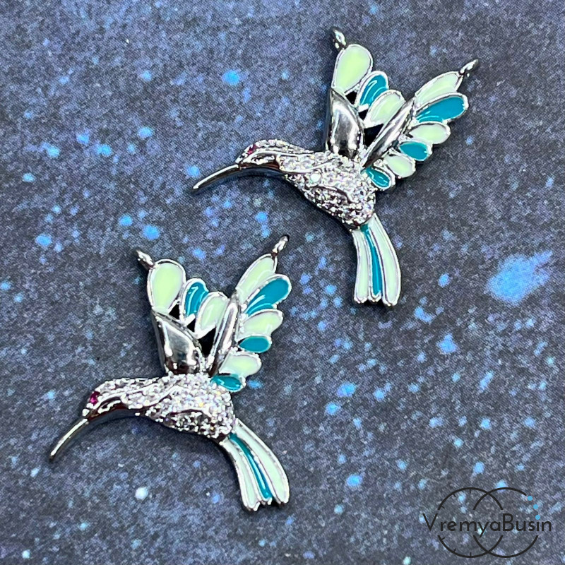 Подвеска из латуни «Колибри», 18х20 мм, с родиевым покрытием и фианитами (1 шт.)