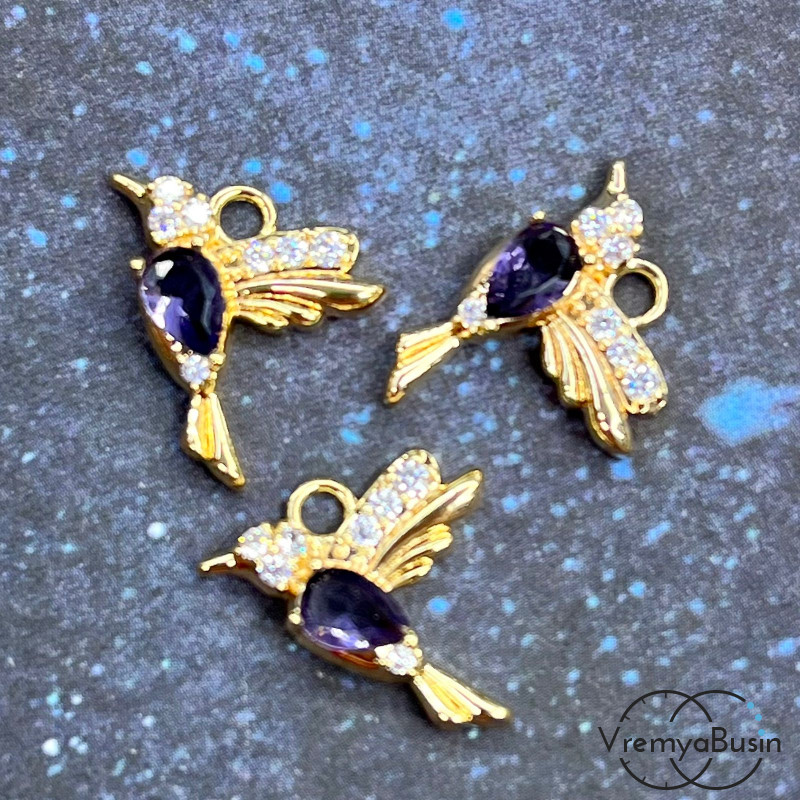 Подвеска из латуни «Колибри», 15х16 мм,  с позолотой и фианитами (1 шт.)