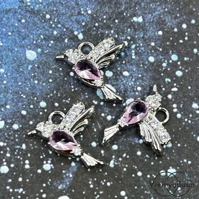 Подвеска из латуни «Колибри», 15х16 мм,  с родиевым покрытием и фианитами (1 шт.)