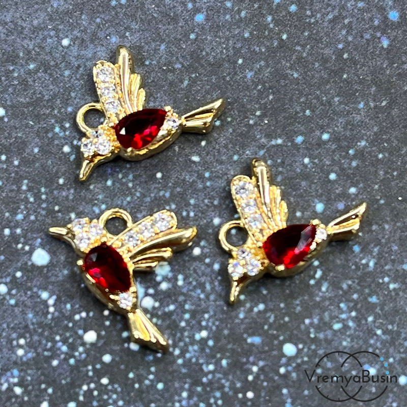 Подвеска из латуни «Колибри», 15х16 мм,  с позолотой и фианитами (1 шт.)