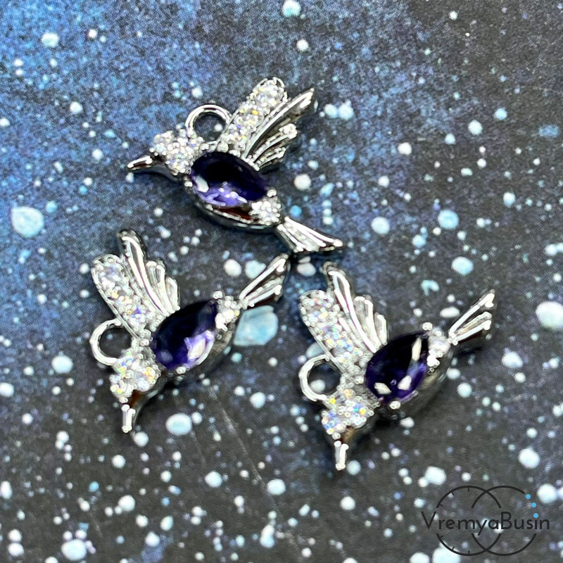 Подвеска из латуни «Колибри», 15х16 мм,  с родиевым покрытием и фианитами (1 шт.)