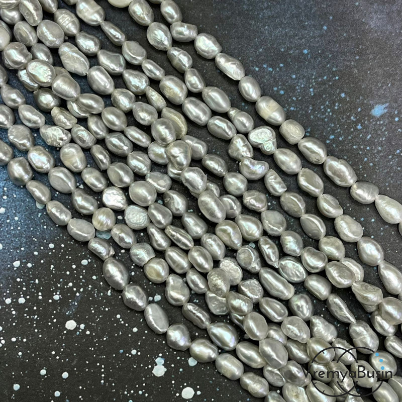 Жемчуг натуральный речной, барочный ок. 5х7 мм, цв. серый (нить, ок. 40 см.)