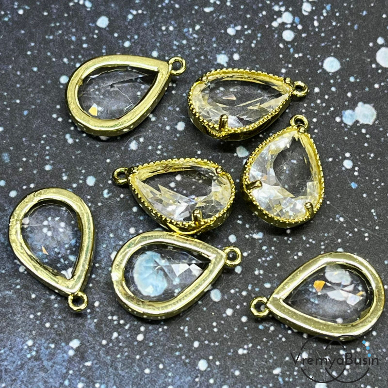 Подвеска с фианитом, капля 18х11 мм, латунь с позолотой (1 шт.)