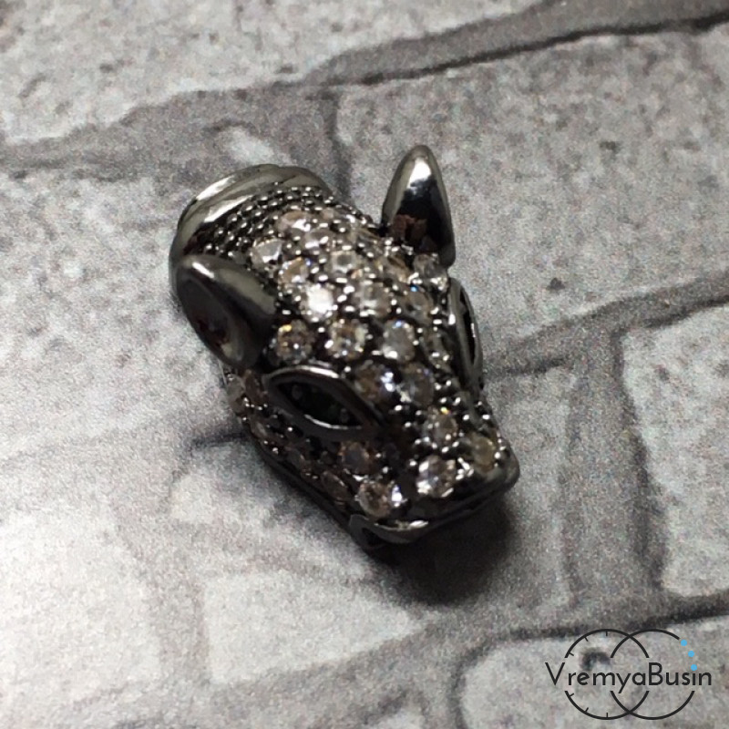 Бусина "Ягуар" из латуни с черным родиевым покрытием и цирконами, 10х16 мм (1 шт.)