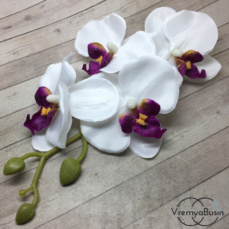 Цветок из ткани "Ветка орхидеи", 160 мм., цв.БЕЛЫЙ (1 шт.)